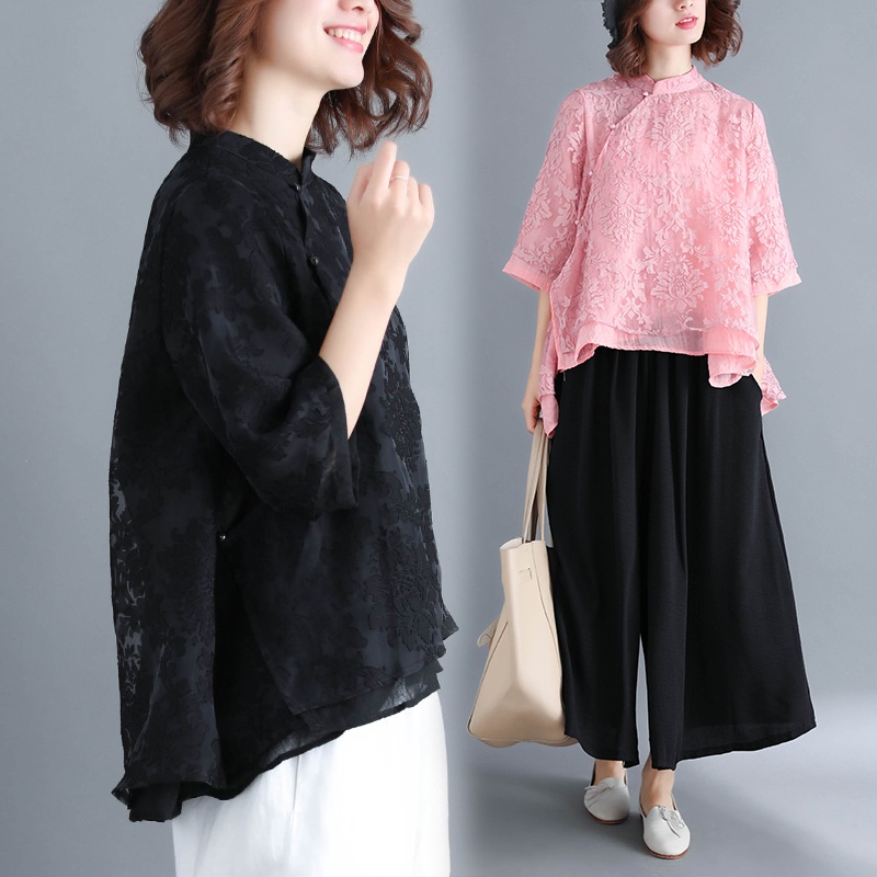 ☻ L O T U S ☻ Áo Kiểu Sườn Xám Cổ Điển Phối Ren Plus Size CAL1604 - Bộ Sưu Tập Mới Cho Nữ