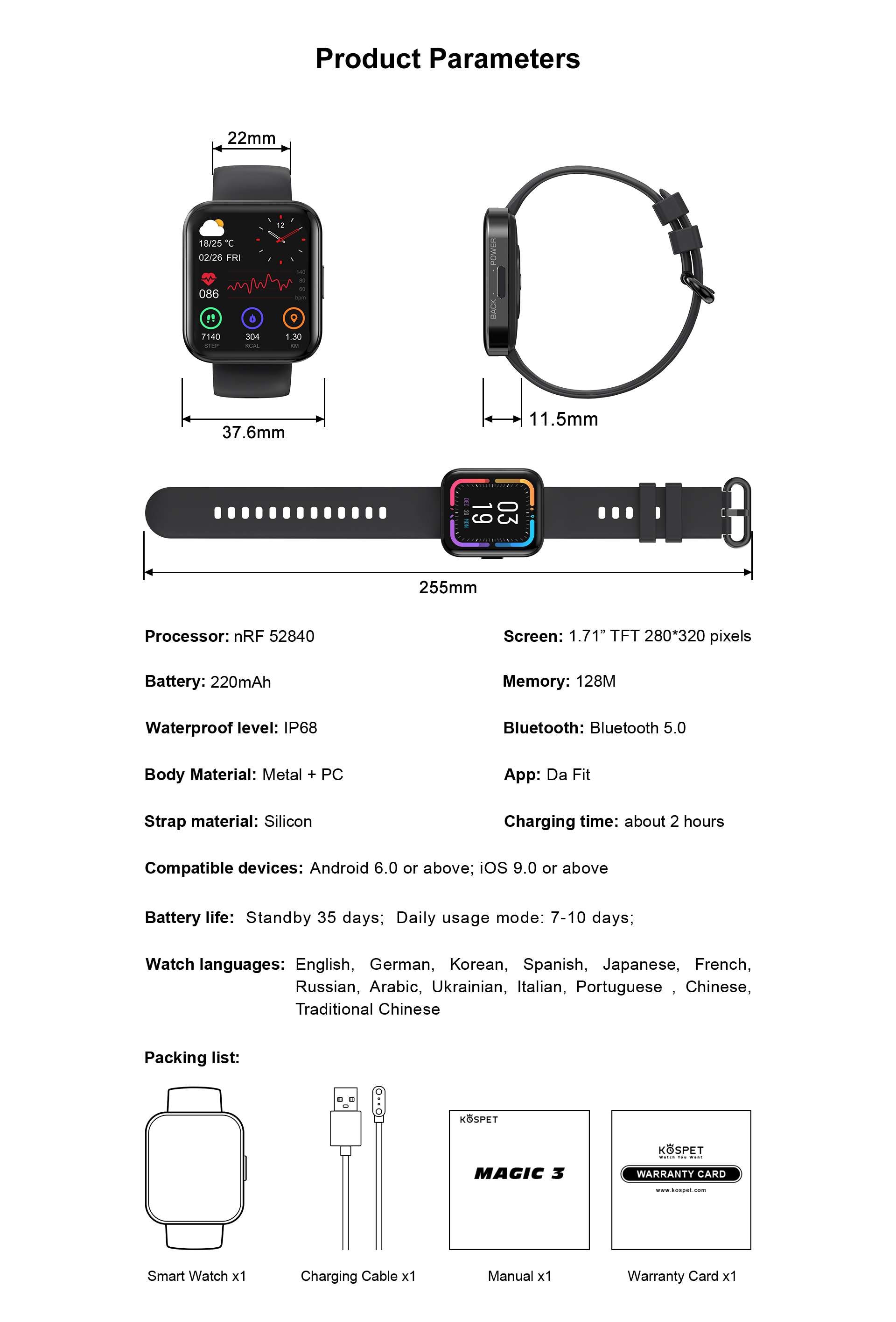 ANDROID Đồng Hồ Thông Minh Kết Nối Bluetooth Chống Nước 20-sport Magic 3