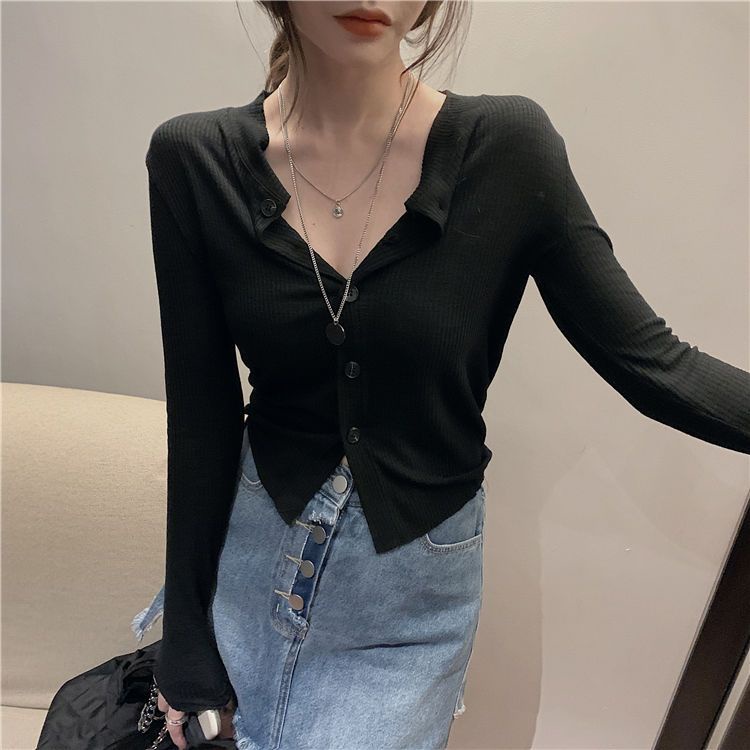 Áo Khoác cardigan Cài Nút Dáng Ngắn thun dài tay mỏng mỏng phong cách hàn quốc của phụ nữ JH-CX-68