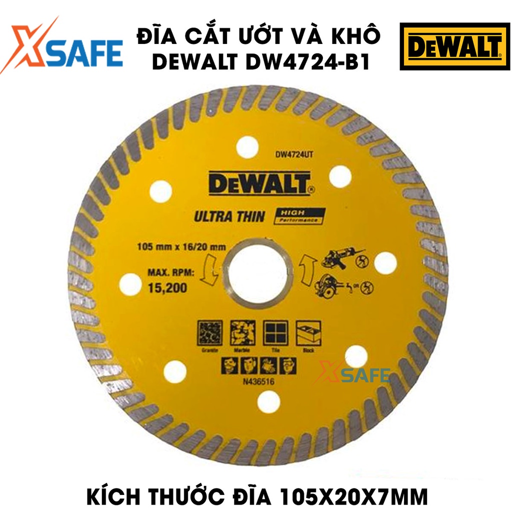 Đĩa cắt ướt và khô DEWALT DW4724-B1 105x20x7mm công nghệ Mỹ Lưỡi cắt DeWalt đường kính lưỡi cắt 105mm, dùng cắt gạch