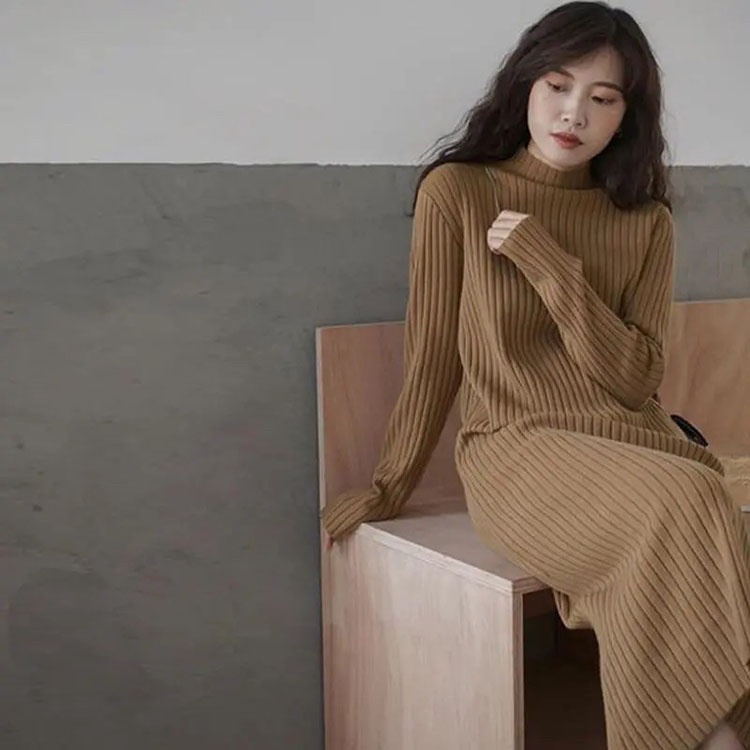 Váy len cổ cao 3 phân dáng dài, Đầm dáng suông dài tay ba màu trẻ trung mùa đông thanh lịch - Tirahouse