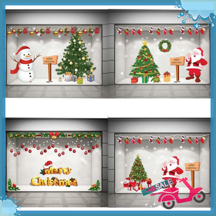 Decal trang trí noel hàng in cao cấp có keo sẵn-Decal giáng sinh dán được cả trên kính và tường màu sắc rõ nét