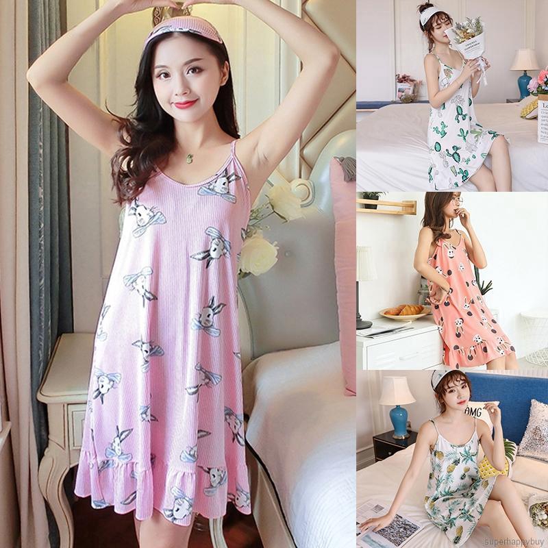 Đầm ngủ dây hoạ tiết hoạt hình thiết kế dáng rộng thoải mái