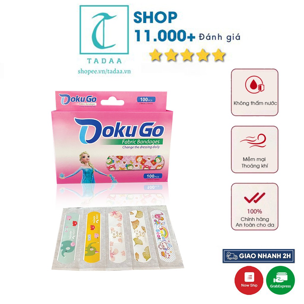 Băng Keo Cá Nhân Cho Bé DOKUGO 100 Miếng/ 1 Hộp Co Dãn Thoải Mái