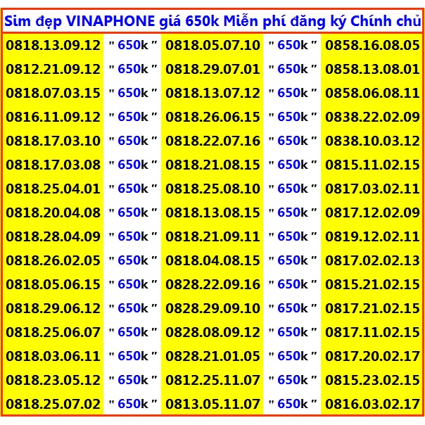 Sim Đẹp VINAPHONE 650k/sim Miễn phí đăng ký chính chủ Được nhiều Ưu Đãi Của VinaPhone