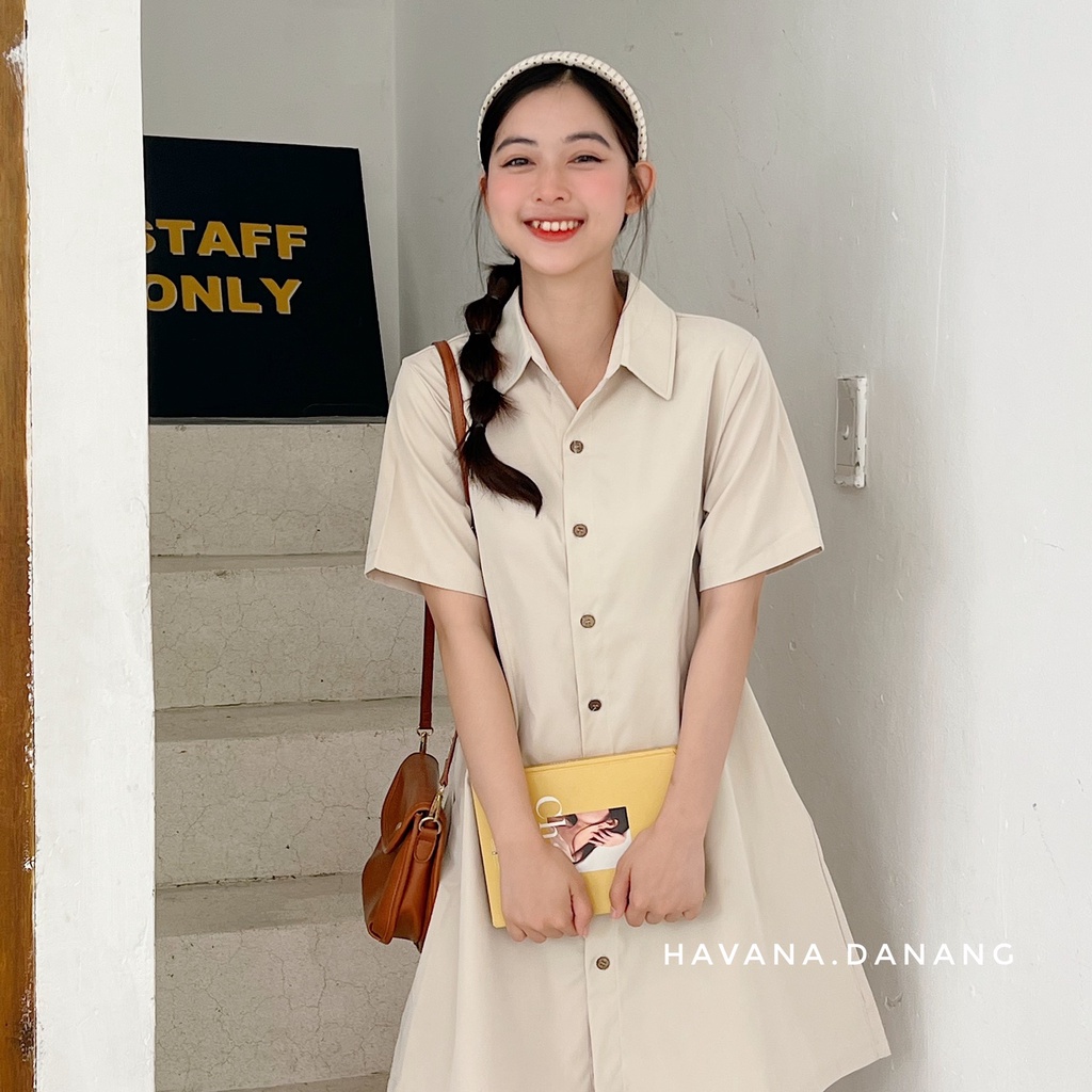 Váy sơ mi cộc tay, sơ mi khuy gỗ eo chun co giãn, váy thanh lịch form xòe AE167