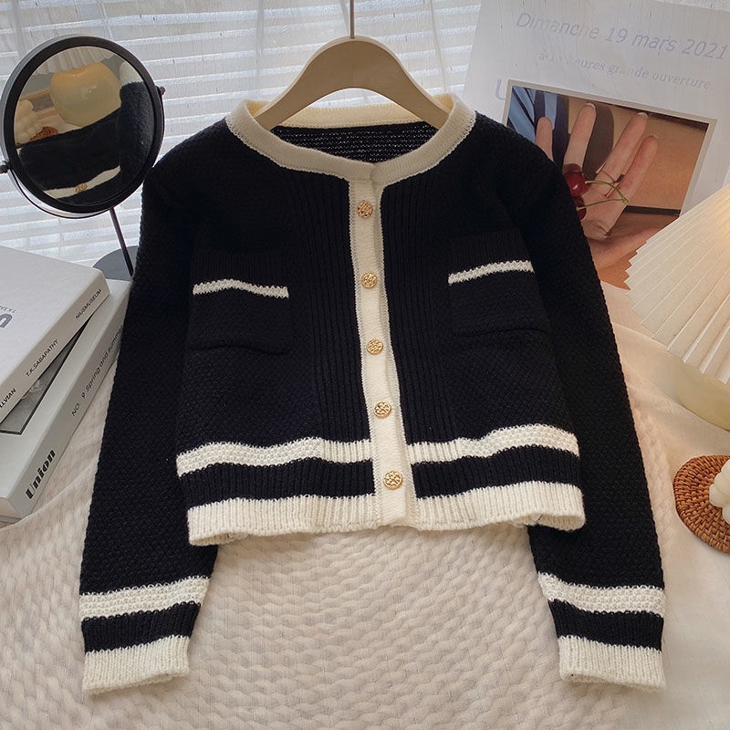 Xiaoxiangfeng Áo Khoác cardigan Dệt Kim Cổ Tròn Màu Sắc Tương Phản Nhẹ Nhàng Phong Cách Mùa Thu Cho Nữ
