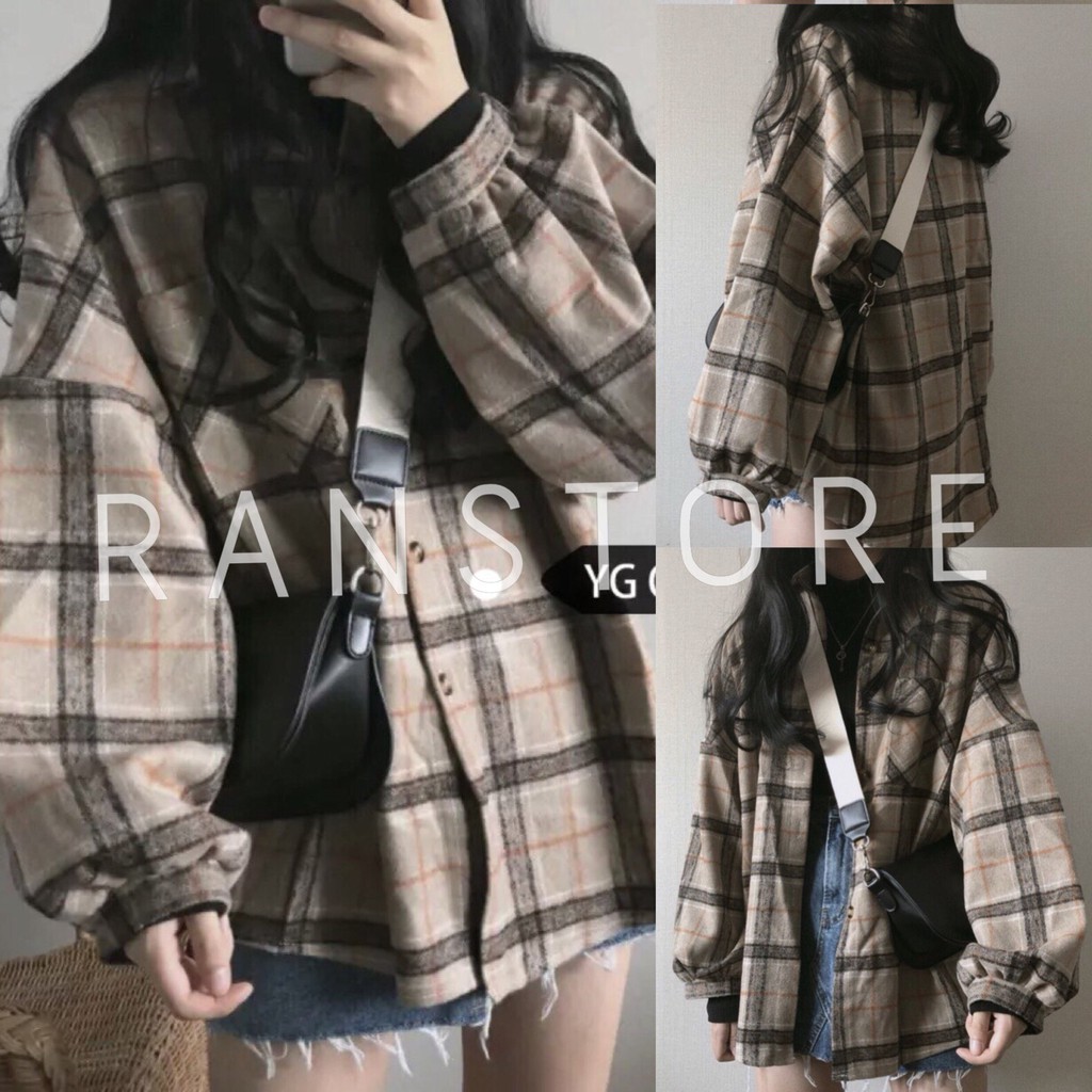 Áo sơ mi nam nữ kẻ caro br túi ngực tay bồng cổ bẻ dáng rộng style hàn quốc/ Áo sơ mi cúc bấm dài tay có túi unisex | BigBuy360 - bigbuy360.vn