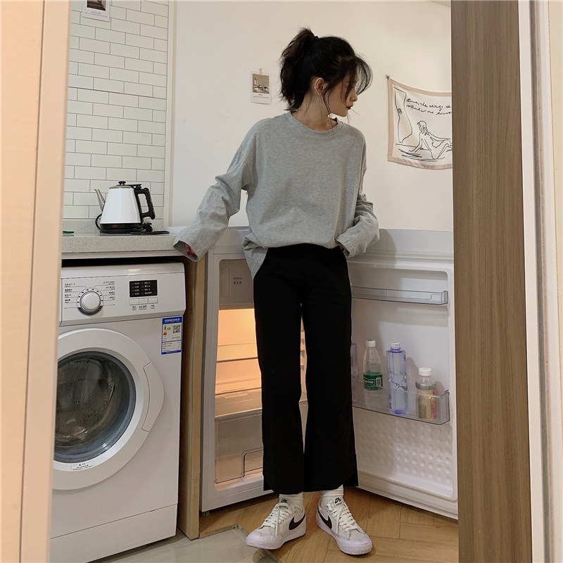 SUXI Áo Thun Nữ Tay Dài Dáng Rộng Phong Cách Hàn Quốc