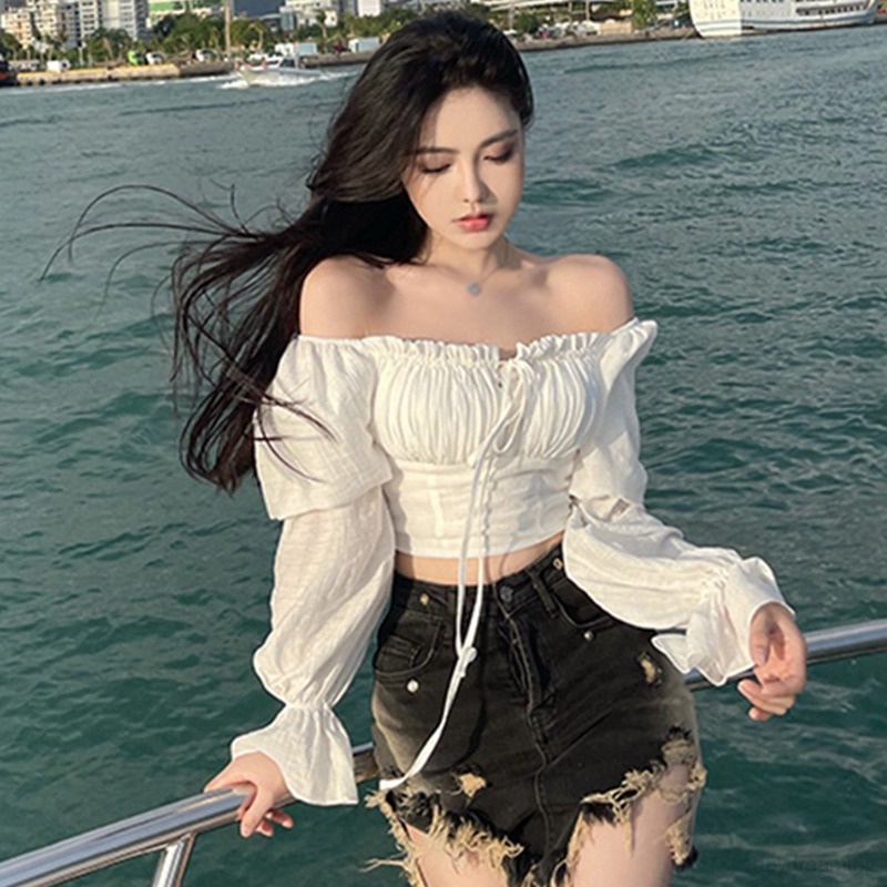 Áo Croptop Áo Sơ Mi Áo Kiểu Tay Dài Cổ Vuông Màu Sắc Thời Trang Xuân Thu Quyến Rũ Cho Nữ