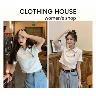Áo croptop nữ trắng kiểu áo polo in hình gấu