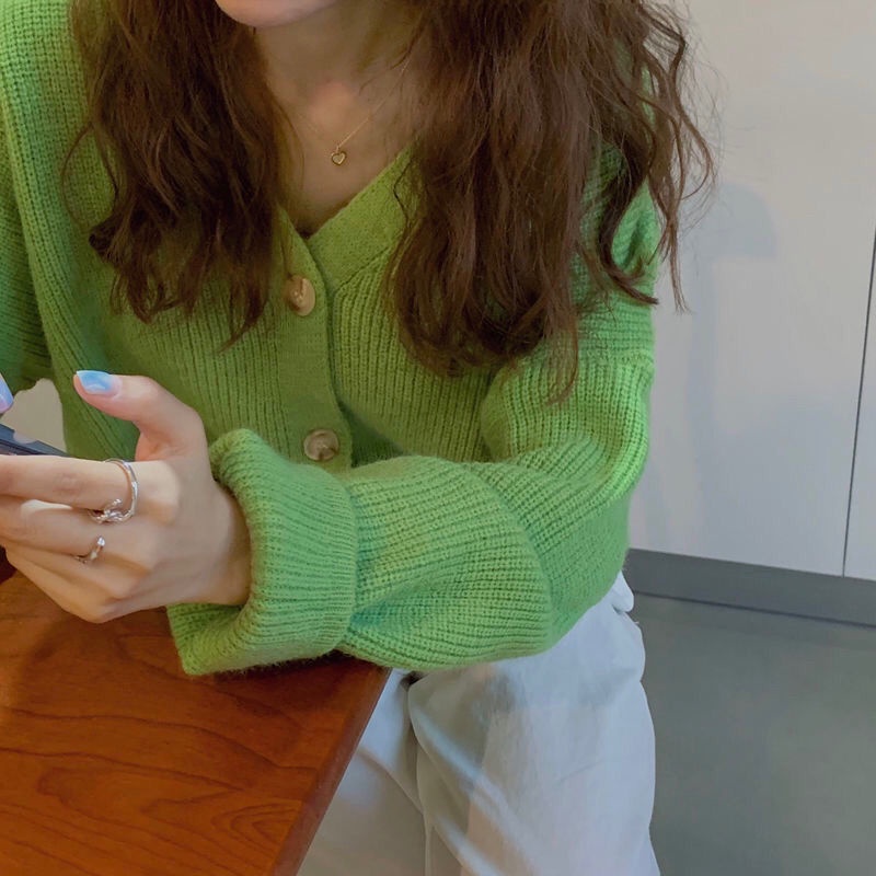 Áo khoác Cardigan dệt kim tay dài cổ chữ V dáng rộng mềm mại phong cách Hàn Quốc thời trang thu đông cho nữ