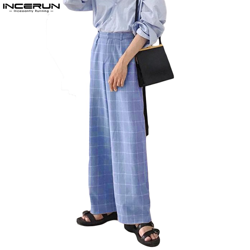 Quần dài INCERUN ống rộng họa tiết kẻ ô vuông thời trang