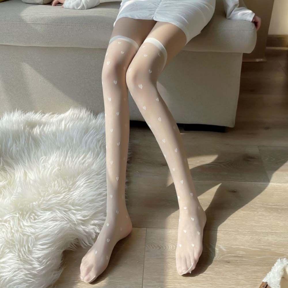 Vớ Lụa Đen Dài Qua Gối Thoáng Khí Họa Tiết Trái Tim Độc Đáo Phong Cách Nhật Bản