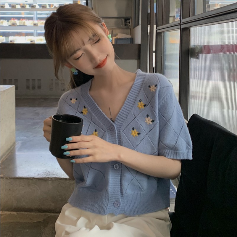Xiaozhainv Áo Cardigan Dệt Kim Tay Ngắn Hoạ Tiết Hoa Thời Trang Mùa Hè