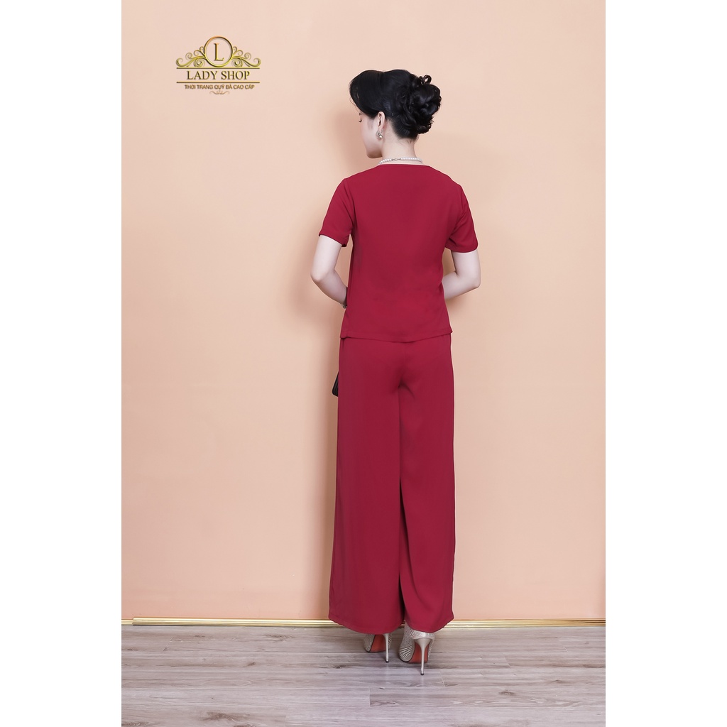 Bộ lụa nhật trơn cổ nơ quần dài Ladyshop thời trang trung niên cao cấp TK895