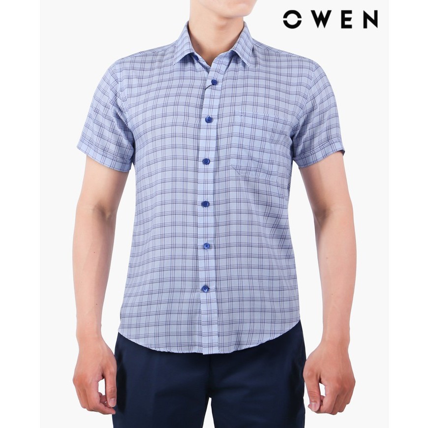 Áo sơ mi Nam ngắn tay OWEN Bamboo Regularfit màu xanh caro - AR22544NT
