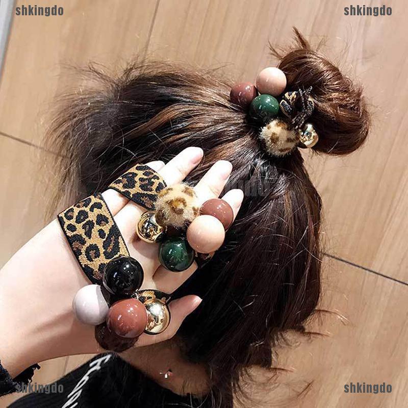 🎀THỊNH HÀNH🎀 Ins Hot Fashion Women Leopard Pearl Elastic Hair Bands Hair Tie Hair Accessories