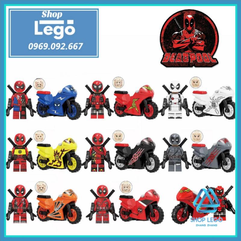 Xếp hình Deadpool Spider man siêu anh hùng Marvel tặng kèm xe motor mới nhất 2021 Lego Minifigures Kopf KF6100