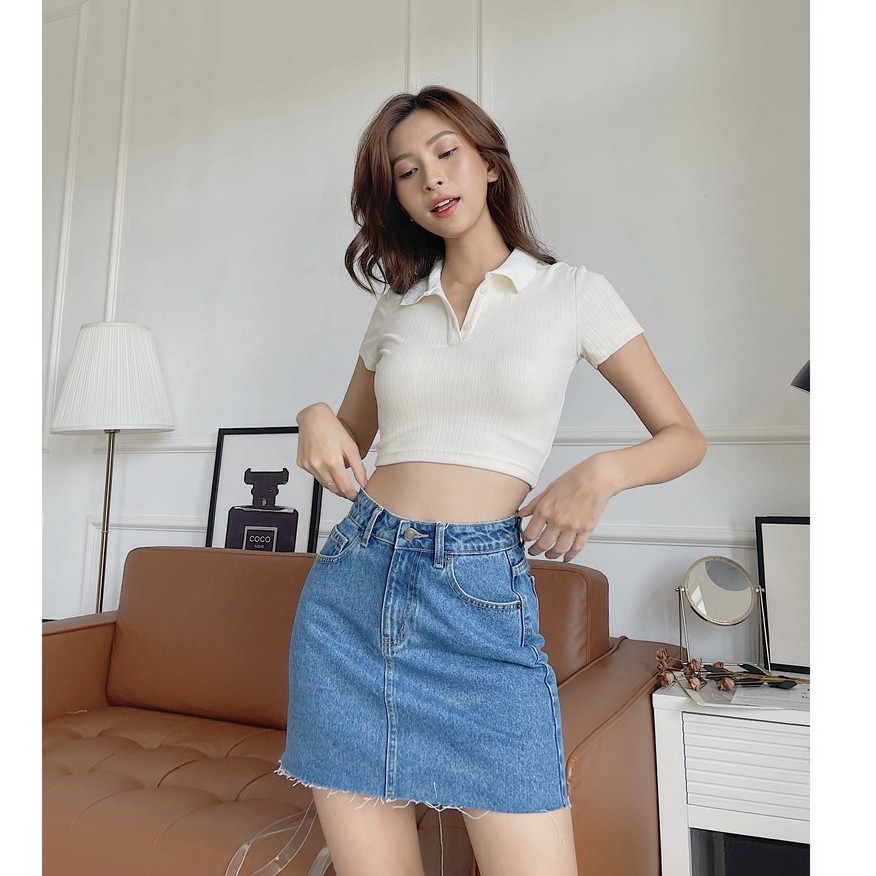 Áo croptop thun HEYBEE có cổ siêu co giãn, màu xanh chấm bi dễ thương - RAINA CROPTOP HT673
