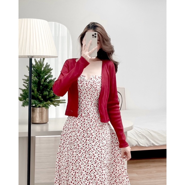 SET ĐẦM HOA MIDI 2 DÂY + ÁO KHOÁC ĐỎ