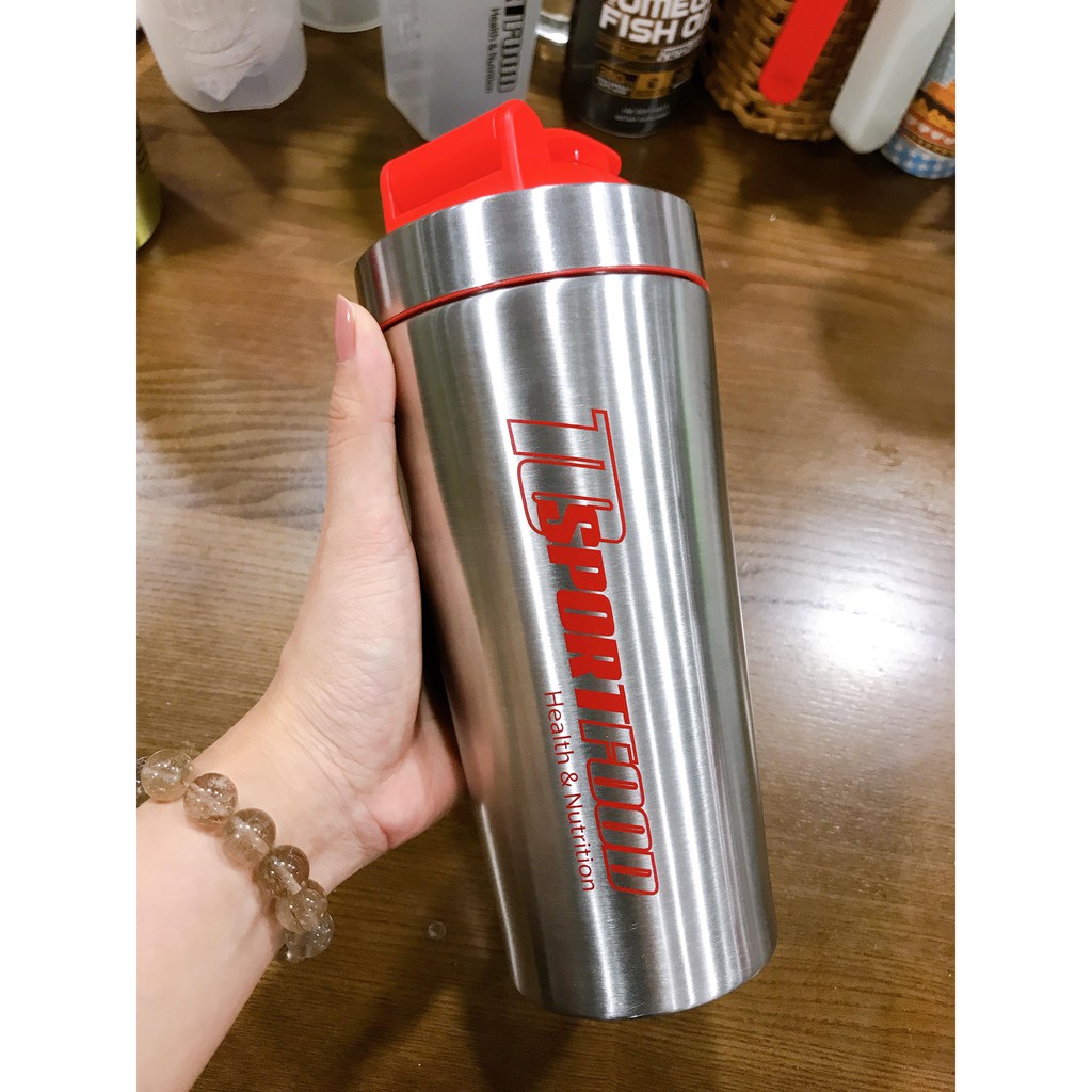 BÌNH LẮC INOX TC SPORTFOOD - Hai màu Vàng/Bạc - Logo Thương Hiệu TC Sport Food & Muscletech