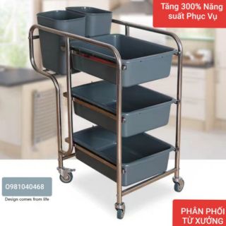 (GIÁ PHÂN PHỐI TỐT NHẤT) XE ĐẨY THU GOM BÁT ĐĨA - THỨC ĂN THỪA KHUNG INOX 304