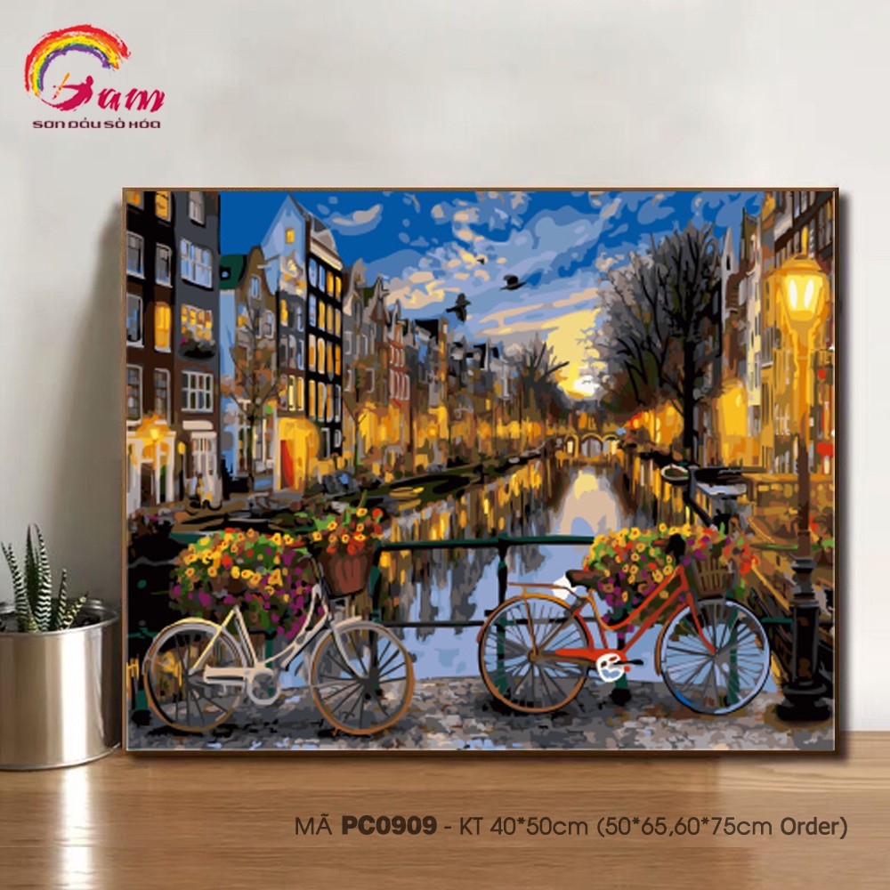 Tranh sơn dầu tự tô màu số hoá Tranhsohoavn phong cảnh Châu Âu Xe đạp hoa bên dòng sông PC0909