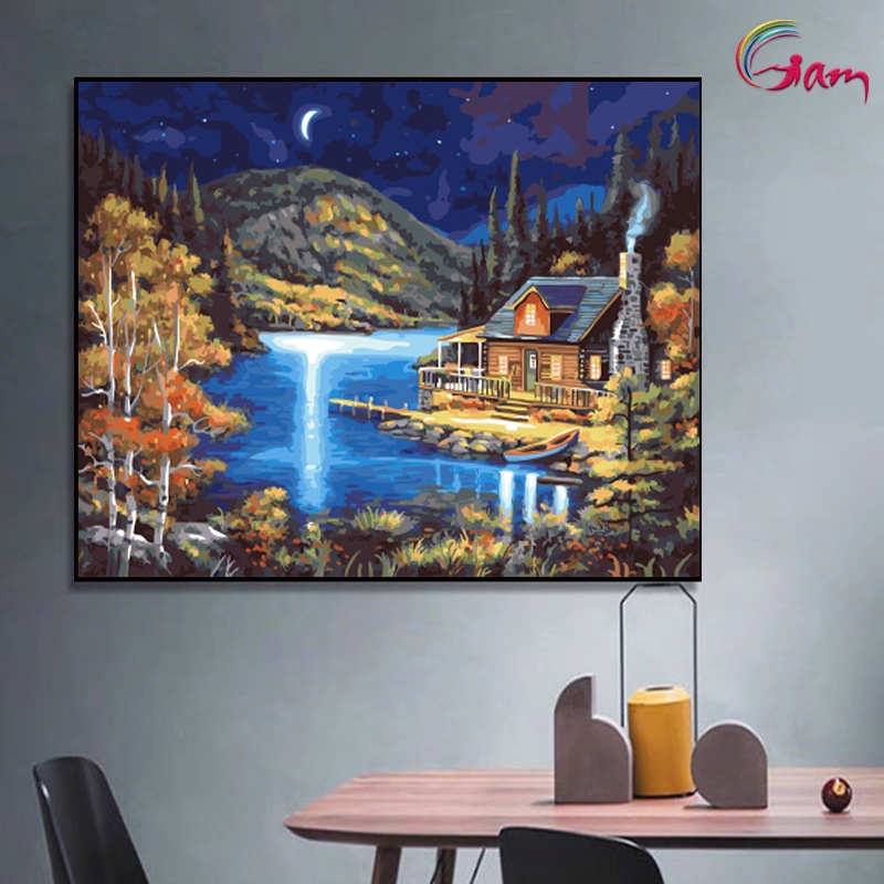 Tranh tô màu theo số phong cảnh thiên nhiên đêm trăng căng khung 40x50cm PC0579