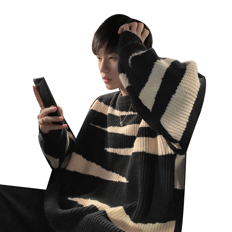 Áo sweater dệt kim cổ tròn dáng rộng kẻ sọc kiểu Hàn Quốc thời trang thu đông cho nam size M-2XL