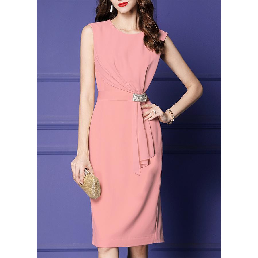 GOTI - Đầm Ôm Dự Tiệc Kiểu Không Tay Phối Voan Eo Đính Hạt Màu Vàng 3098