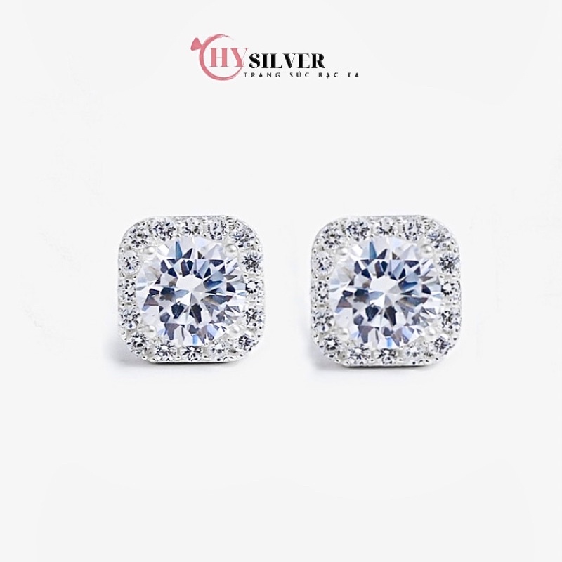 Bông tai bạc ta đính đá vuông sang chảnh nữ tính hàng loại to bạc bông tai bạc thật giá rẻ CHY SILVER