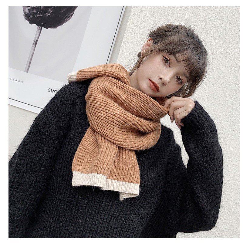 Khăn len trơn pha viền hai màu basic thời trang