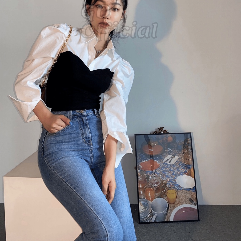 A96|Áo sơ mi trắng phối len dài tay cho nữ công sở nhẹ nhàng màu đen GD Official