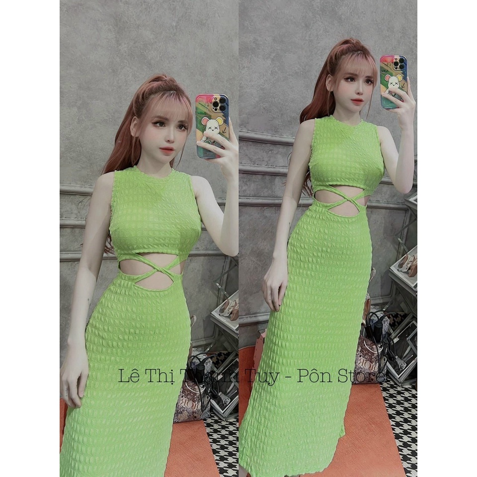 Đầm body dáng dài thun xốp cộ dây eo quyến rũ, đầm thun cổ yếm maxi dài mặc tôn dáng, váy đi tiệc vải thun xốp hở eo