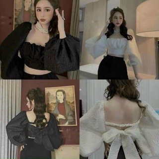 Áo trễ vai tay dài, áo bánh bèo trễ vai nơ sau hở lưng điệu đà