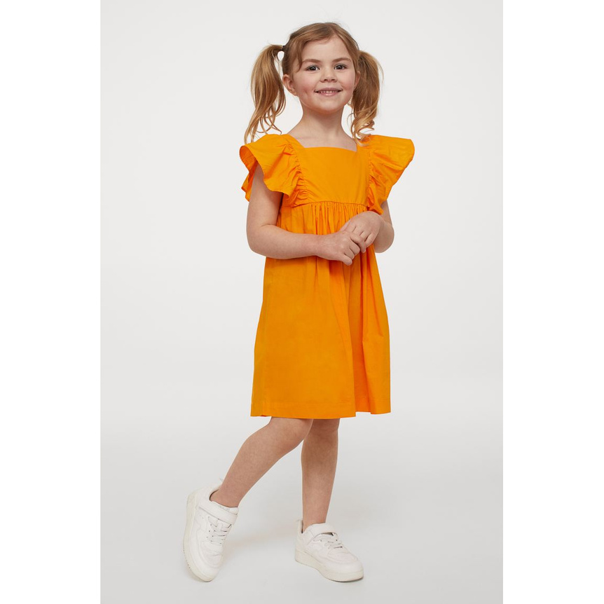 Váy vải cotton bé gái lớn, màu cam, tay chờm, ngực xếp ly điệu đà, Hờ mờ UK săn SALE