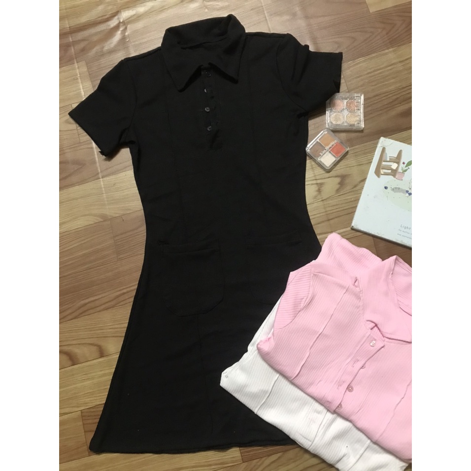 Đầm Polo Nữ Hàn Quốc Ngắn Tay Túi Trước Dáng Xòe Cổ Bẻ 3 Màu Siêu Xinh