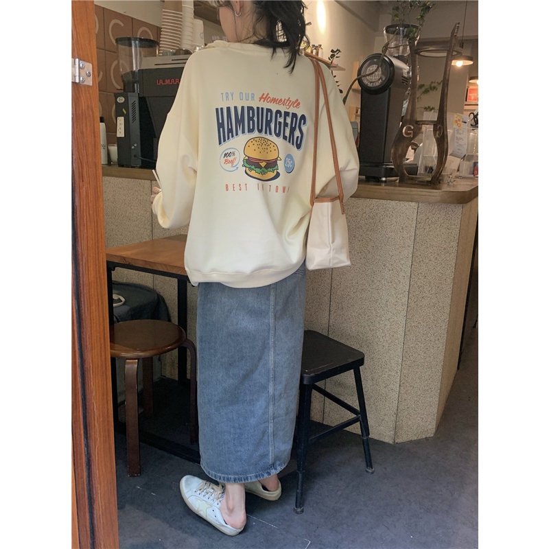 Porozi  Áo sweater tay dài dáng rộng in hình burger kiểu Hàn Quốc xinh xắn cho nữ