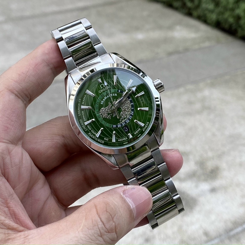 Đồng hồ nam Omega Seamaster World 42mm máy cơ Nhật cao cấp, khung thép 316l, mặt họa tiết trái đất