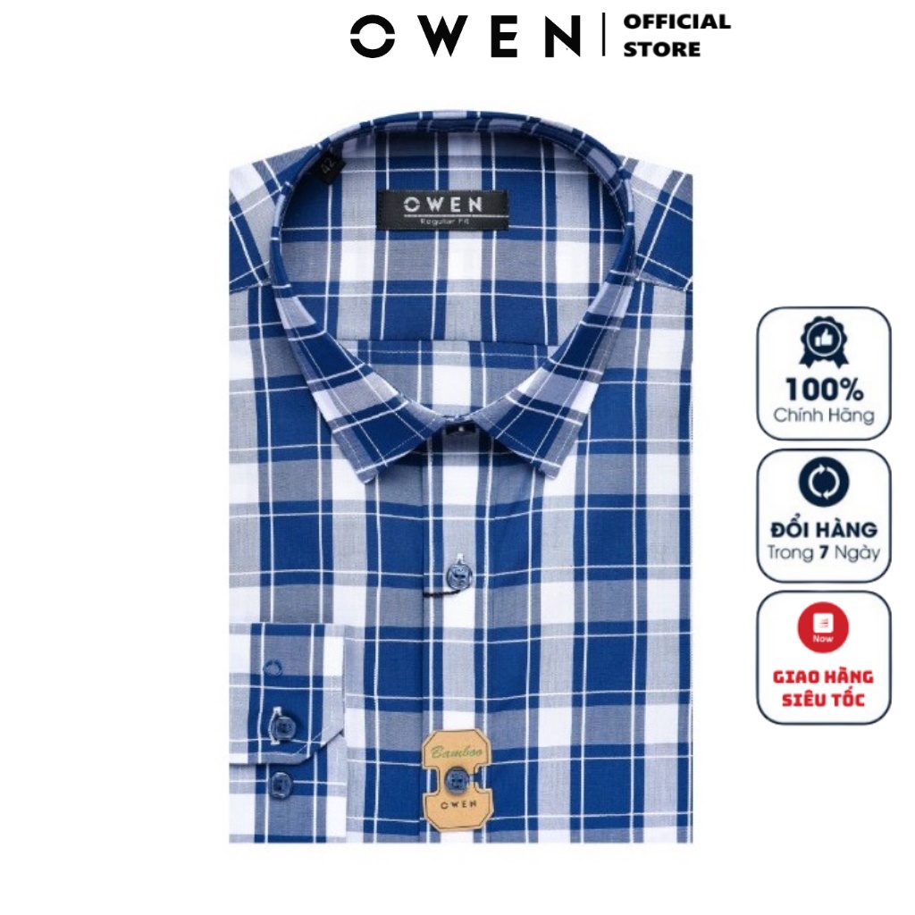 Áo Sơ Mi Nam Dài Tay Owen AR23228D Somi Công Sở Cao Cấp Màu Caro Trắng Xanh Dáng Suông Không Túi Vải Sợi Tre Mềm Mát