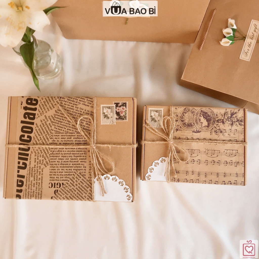 Hộp đựng quà kraft báo cổ điển Vintage trang trí Bullet journal đựng quà tặng kèm túi quà kraft