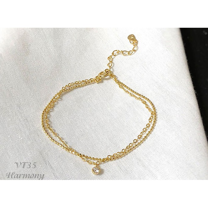Vòng tay, lắc tay nữ bạc mạ vàng dây kép đính đá sang chảnh, cá tính, xinh xắn VT35| Trang sức bạc Harmony