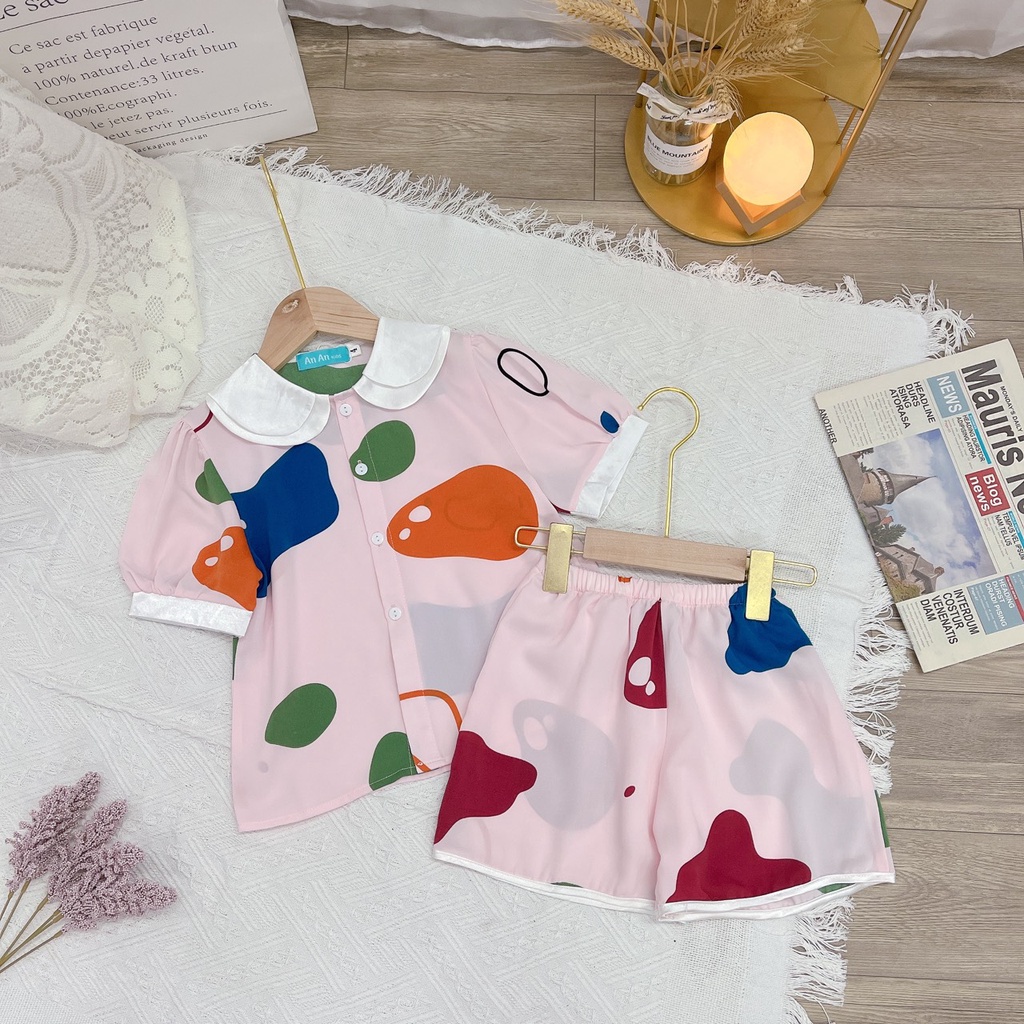 Bộ Mặc Nhà Cộc Tay Lụa Mango Cao Cấp Cho Bé Gái - Bộ Đồ Ngủ Pijama Bé Gái