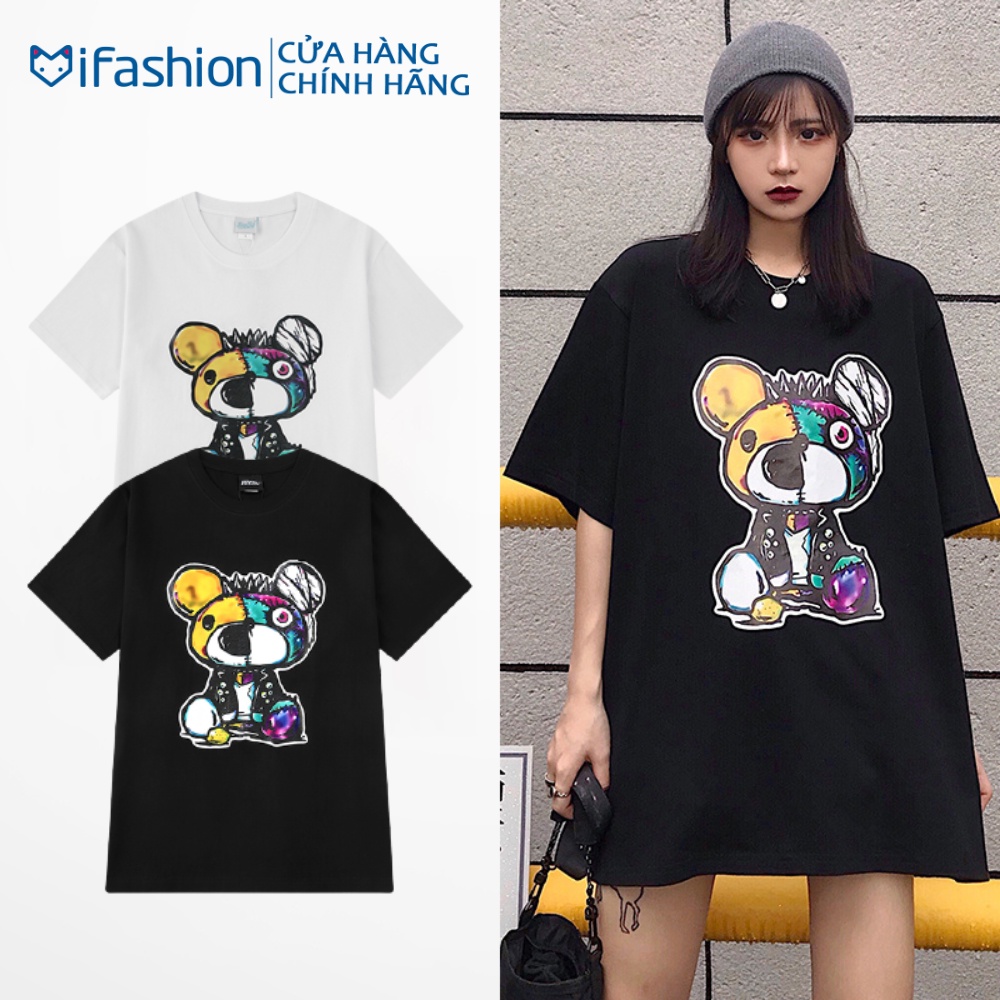 Áo thun unisex IFASHION chất cotton tay lỡ form rộng in hình con gấu băng bó N031