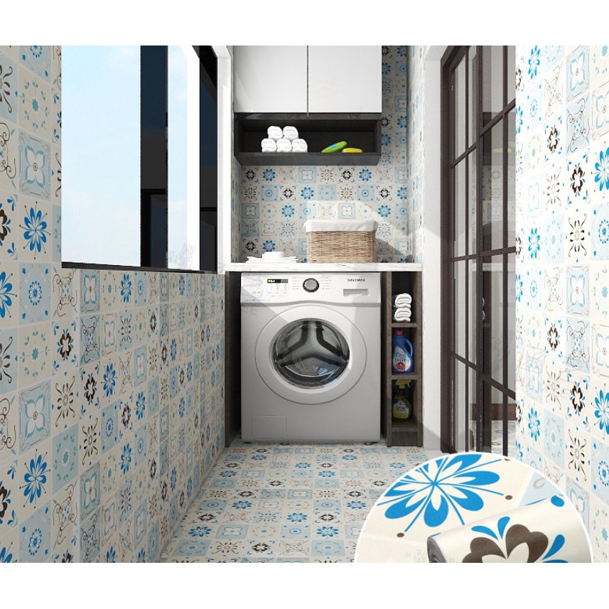 1 mét decal dán nền dán sàn GẠCH HOA XANH HS2009
