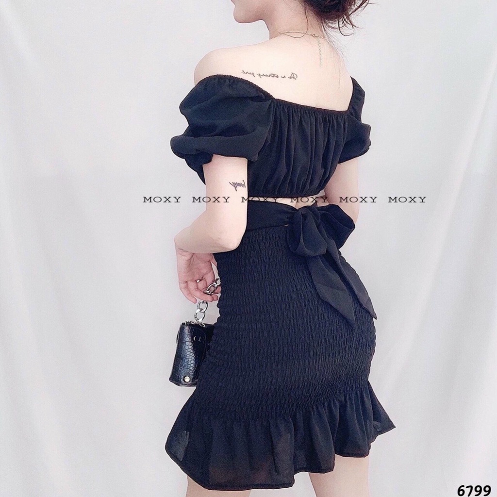 SÉT ÁO TRỄ VAI NHÚN NHẸ Ở VÒNG CỔ THẲ DÂY NƠ Ở SAU LƯNG,KÈM CHÂN VÁY ĐUÔI CÁ NHÚN CHUN | BigBuy360 - bigbuy360.vn