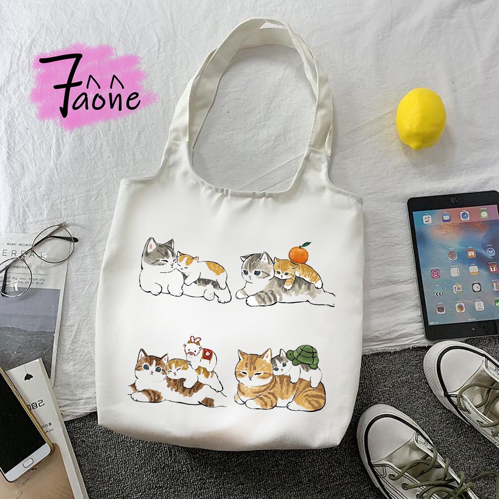 TÚI VẢI QUAI TRÒN MÈO MẬP TOTE ĐEO VAI CÓ TÚI CON VẢI CANVAS