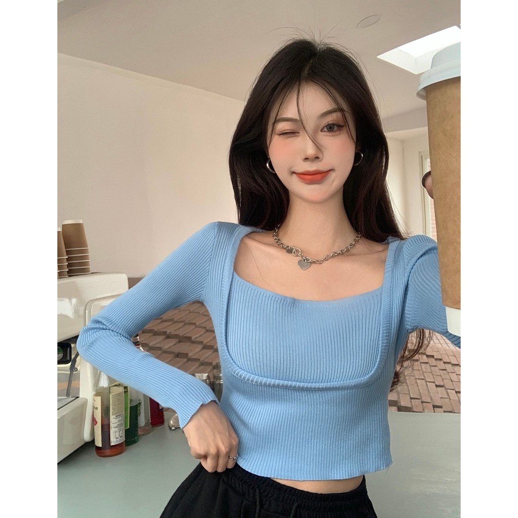 Áo len tay dài dáng croptop cổ vuông cá tính phong cách Hàn Quốc - Có ảnh thật
