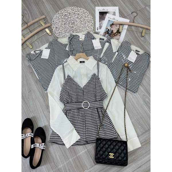Set 2 món yếm 2 dây kẻ caro thắt eo mix áo sơ mi lụa